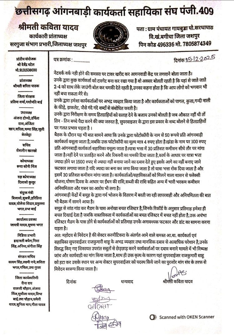 करमीटीकरा की सुपरवाइजर पर लगा गंभीर आरोप,कार्यकर्ताओं से दुर्व्यवहार सहित भेदभाव और टारगेट करने मामले में कलेक्टर जशपुर से हुई लिखित शिकायत