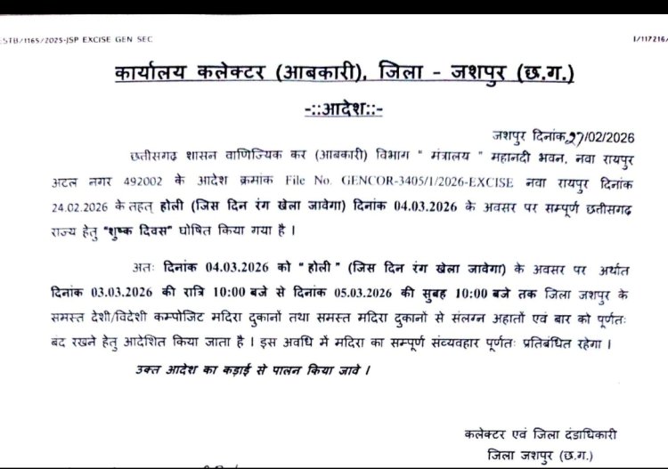 होली के दिन 04 मार्च को शुष्क दिवस घोषित