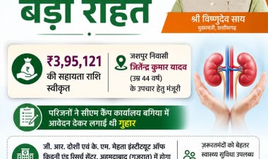 मुख्यमंत्री विष्णुदेव साय ने गंभीर किडनी रोगी के उपचार हेतु 3.95 लाख रुपये की सहायता राशि स्वीकृत की